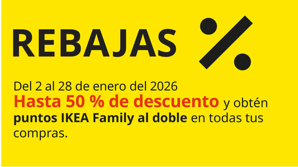 Banner de rebajas con fondo amarillo: Ofertas de invierno 2026: 50% de descuento en muebles y puntos IKEA Family al doble en todas las compras.
