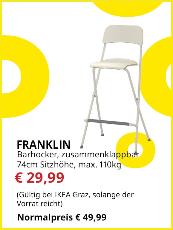 Barhocker Franklin, Sitzhöhe 74cm, max. 110kg, statt € 49,99 um € 29,99.