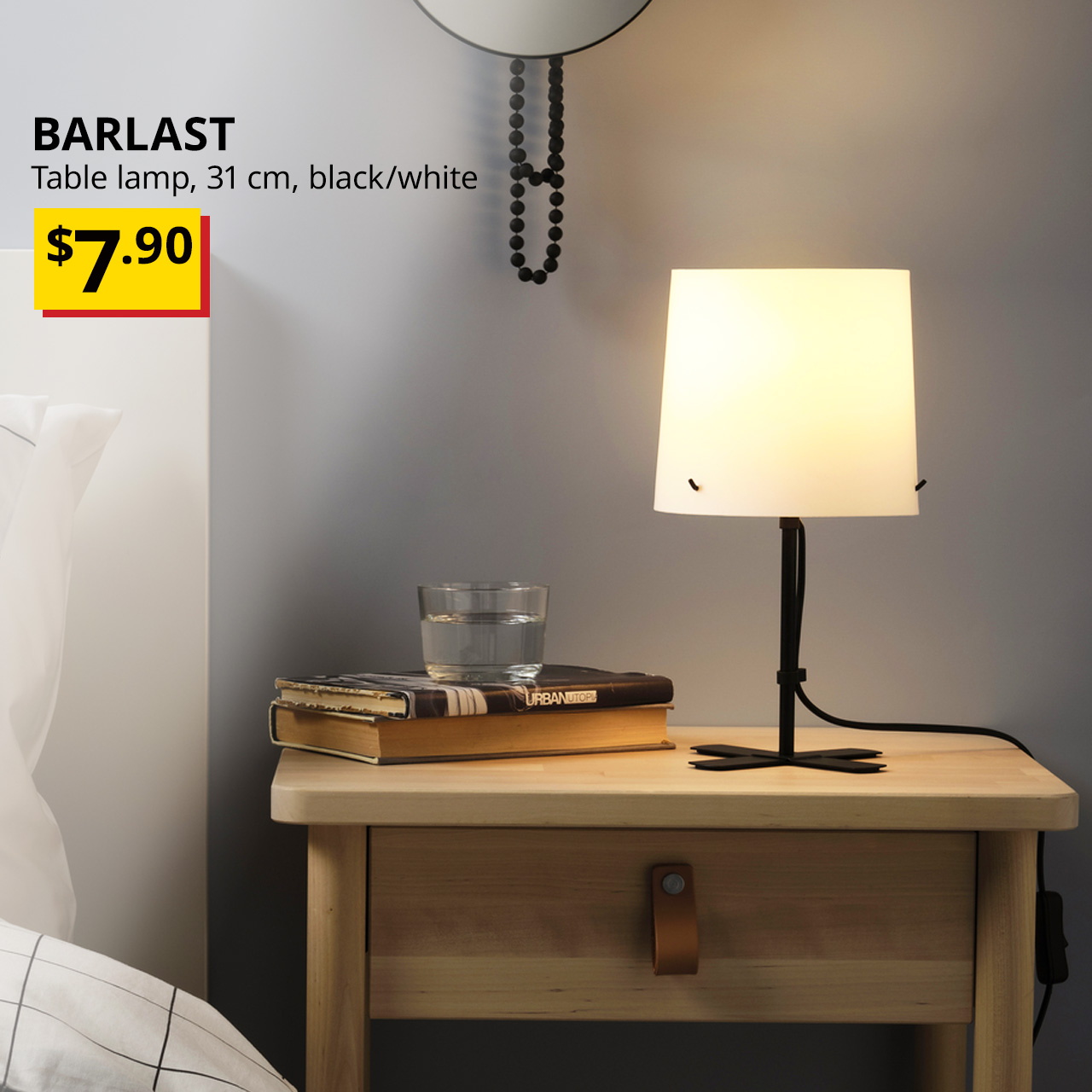 BARLAST table lamp, black/white, 31 cm. $7.90