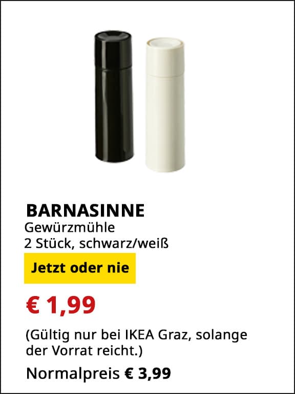  Barnasinne Gewürzmühle, 2 Stück, schwarz und weiß, statt € 3,99 um € 1,99.