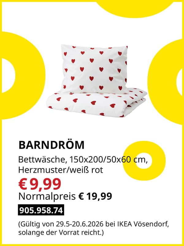 BARNDRÖM Bettwäsche, 150x200/50x60 cm Herzmuster/weiß rot zum Midsommar Sale Preis von € 9,99 statt Normalpreis € 19,99