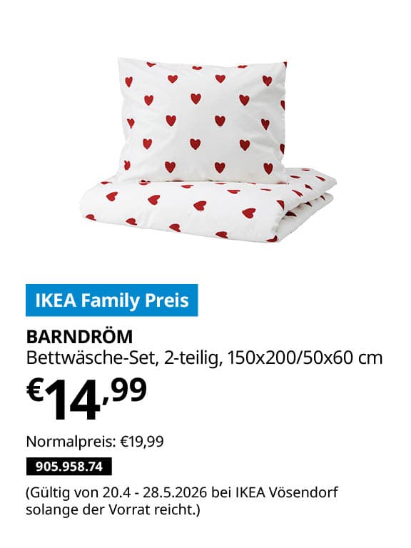 BARNDRÖM Bettwäsche-Set, 2-teilig, Herzmuster/weiß rot, 150x200/50x60 cm statt € 19,99 zum IKEA Family Preis von € 14,99