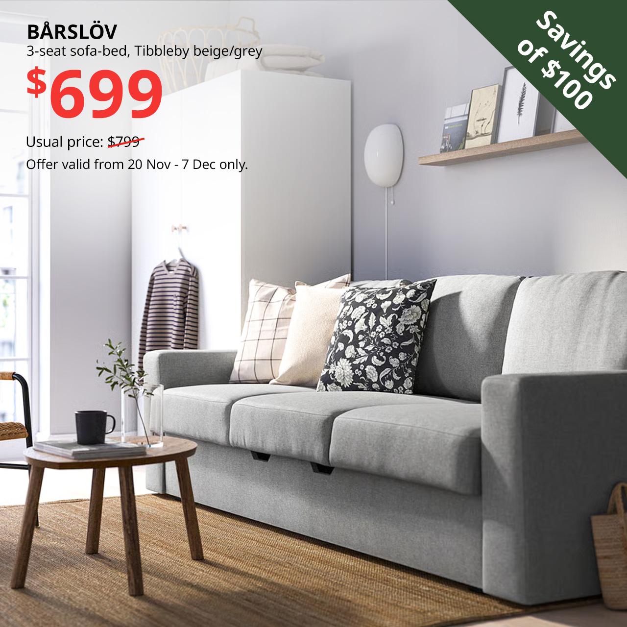 BÅRSLÖV 3-seat sofa-bed, Tibbleby beige/grey with STOCKHOLM coffee table in living room setting.