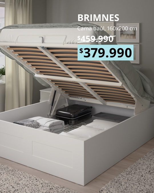 Base cama tipo ottoman BRIMNES de 160x200 cm en color blanco, con estructura elevada y espacio de almacenamiento oculto bajo el somier.