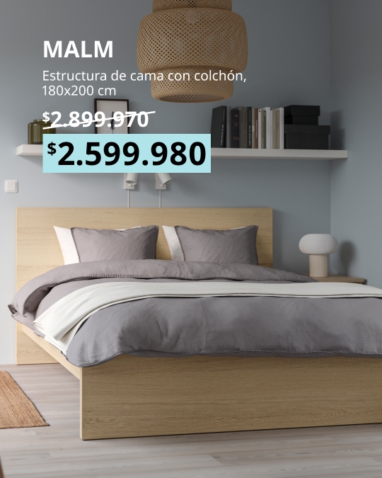Base de cama MALM de 180x200 cm en acabado blanco, con colchón VALEVÅG extra firme incluido.