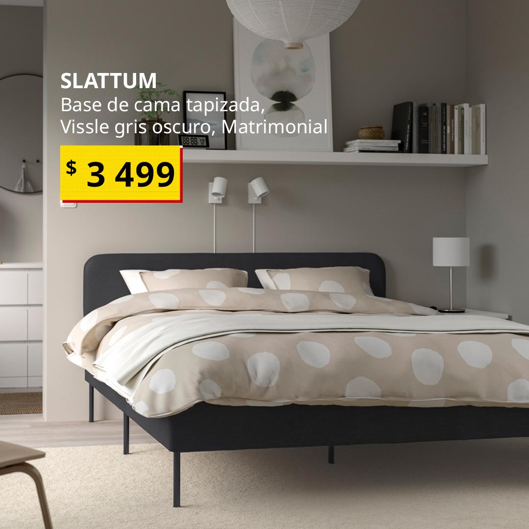 Base de cama tapizada SLATTUM tamaño matrimonial, en color gris oscuro con funda.