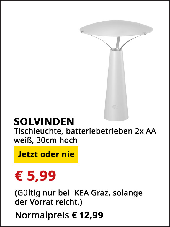Batteriebetriebene Tischleuchte Solvinden, 2x AA, weiß, 30cm hoch, statt € 12,99 um € 5,99.
