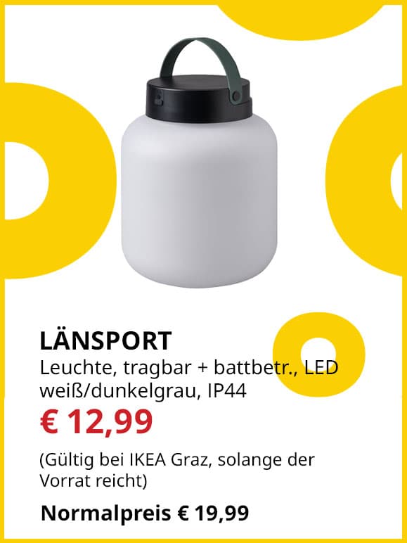 Batteriebetriebene, tragbare LED-Leuchte Länsport, weiß dunkelgrau, IP44, statt € 19,99 um €12,99.