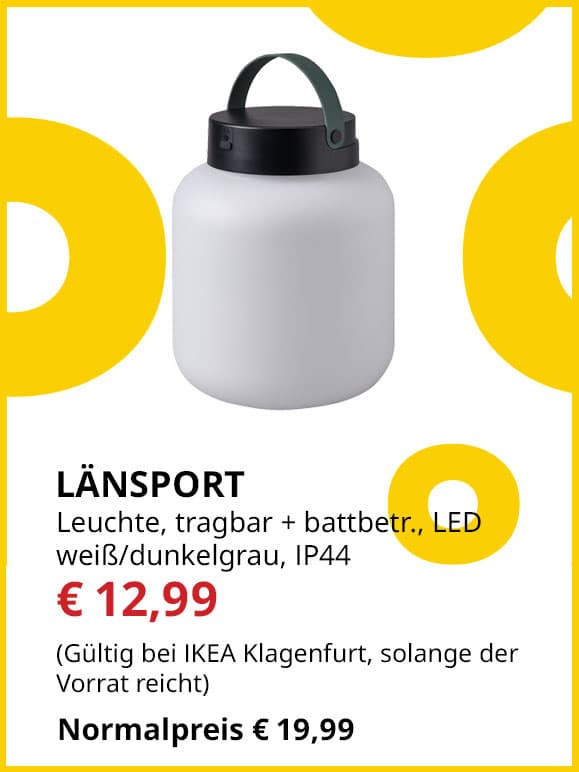 Batteriebetriebene, tragbare LED-Leuchte Länsport, weiß dunkelgrau, IP44, statt € 19,99 um €12,99.