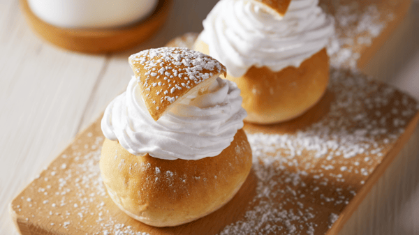 木製ボードに並んだセムラ。たっぷりクリームと粉糖がかかった北欧スイーツ。