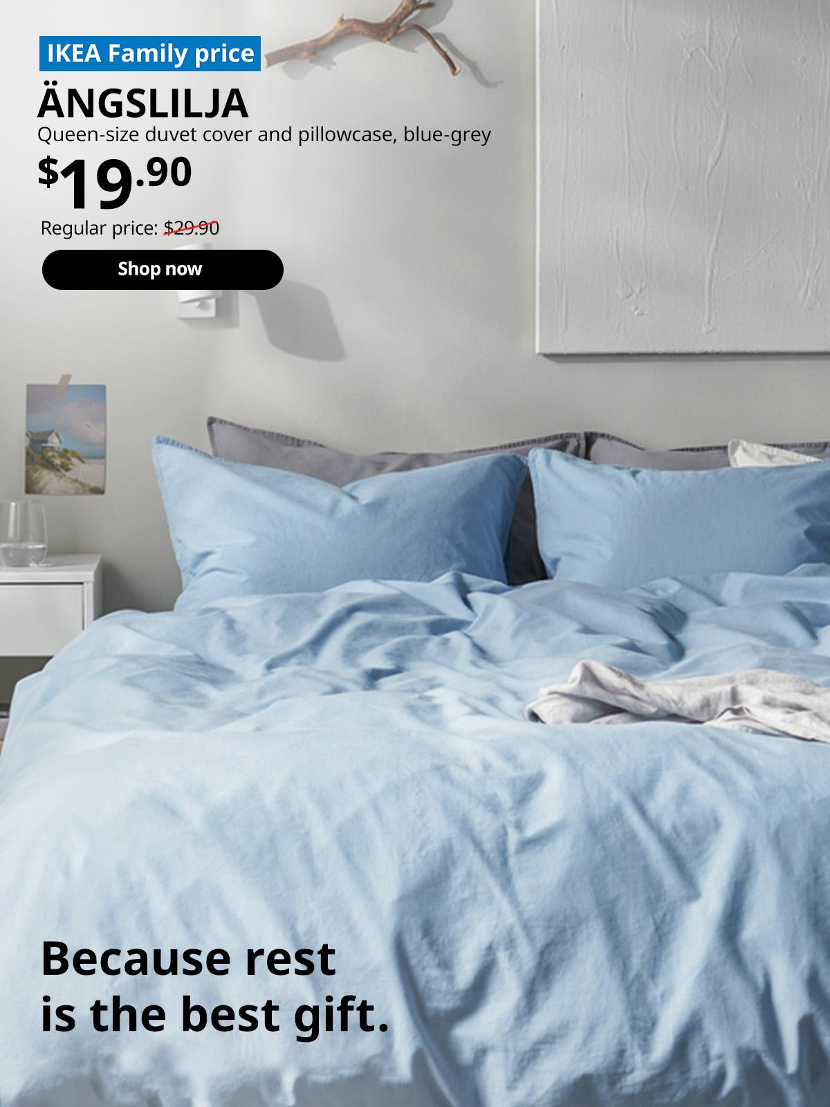 Bedroom featuring ÄNGSLILJA duvet cover and pillowcase, blue-grey, 150x200/50x80 cm. IKEA Family price: $19.90. Regular price: $29.90.