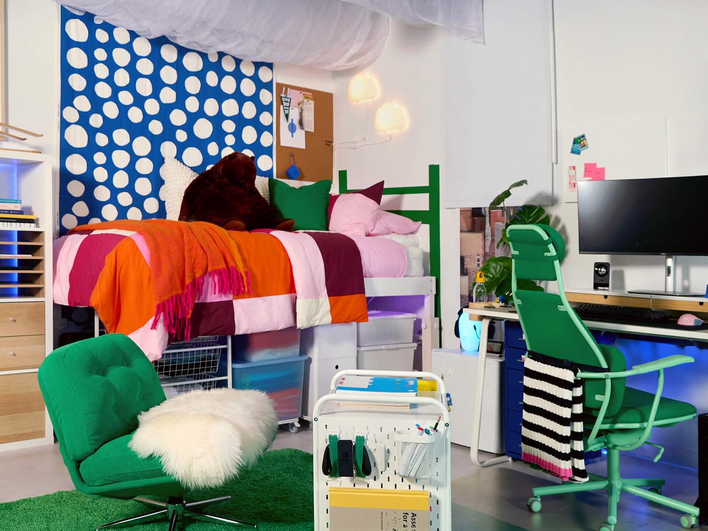 bedroom furniture in a dorm room setting