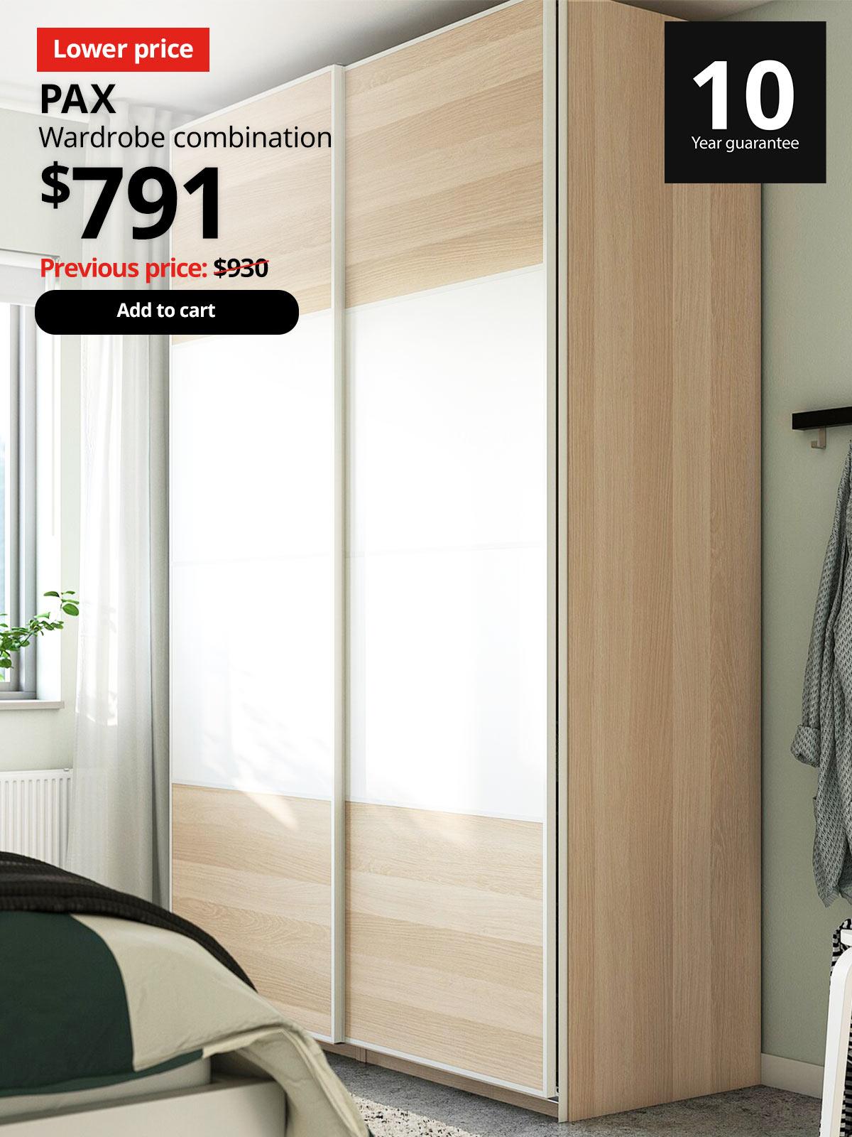 Bedroom setting with PAX / MEHAMN wardrobe, white stained oak effect double sided/white white stained oak effect, 150x66x236 cm Price: $791. Previous price with red slash: $930. 10-year guarantee logo on top right hand corner.