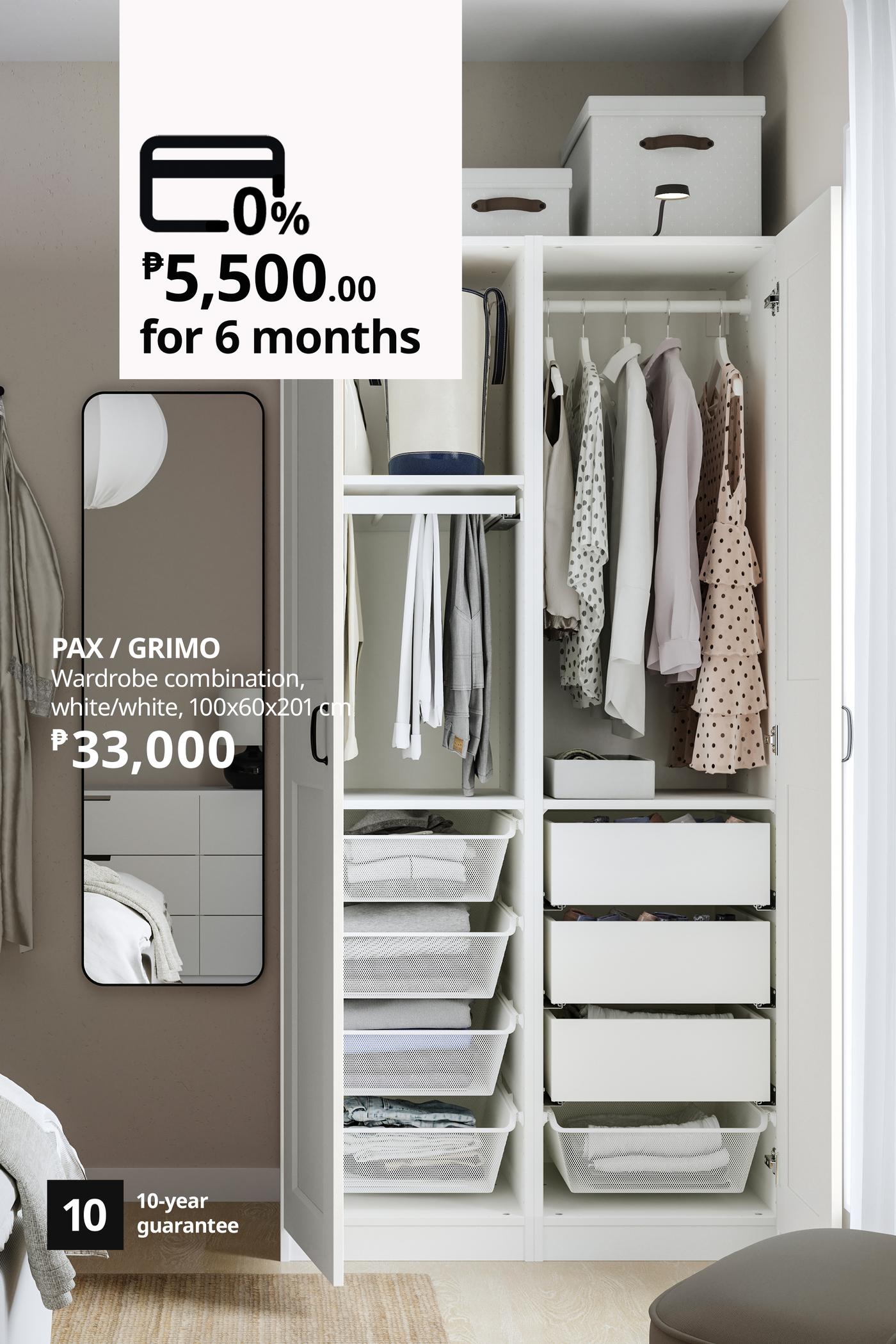 Bedroom wardrobe system in white and wood, neatly filled with clothes and drawers. Furniture ad offers ₱5,500 monthly for six months and warranty.