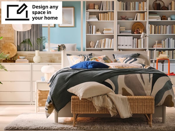 Bedroom with a TONSTAD white bedframe and bookshelves in the back. White box on top left says 