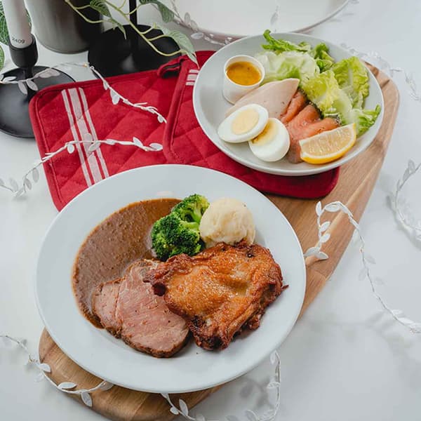 Beef steak & chicken chop combo and festive salad
