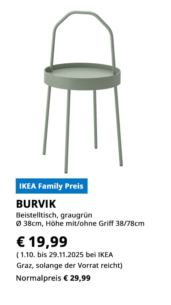 Beistelltisch Burvik, Durchmesser 38cm,hell graugrün, statt € 29,99 um € 19,99.