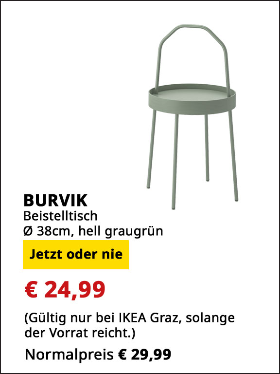 Beistelltisch Burvik, Durchmesser 38cm, hell graugrün, statt € 29,99 um € 24,99.
