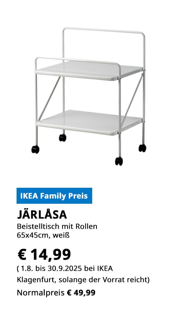 Beistelltisch mit Rollen Järlåsa, 65x45 cm, weiß, statt € 49,99 zum IKEA Family Preis von € 14,99.