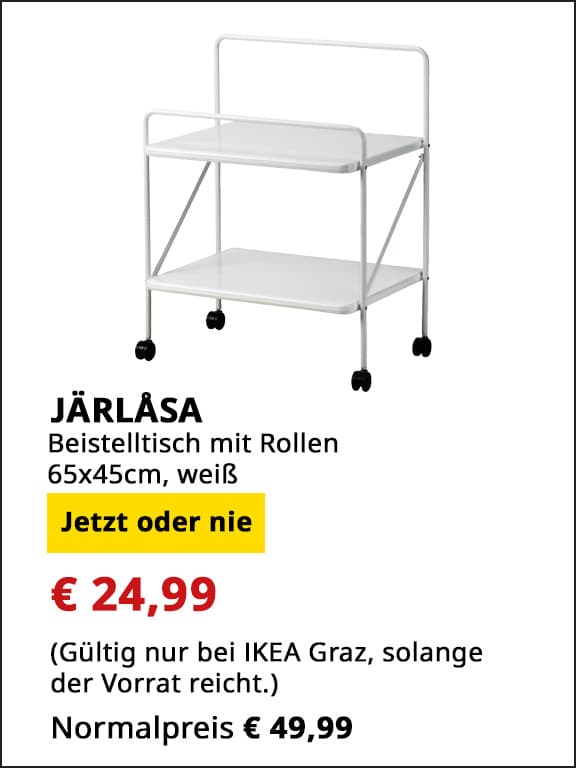 Beistelltisch mit Rollen JÄRLASA, weiß,  statt €49,99 um € 24,99.