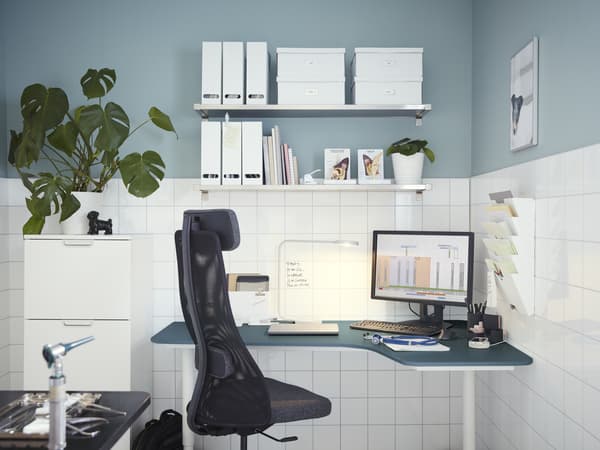 BEKANT Biurko narożne, prawe, linoleum niebieski/biały160x110 cm