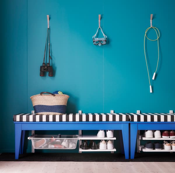 Benches with shoe storage underneath.