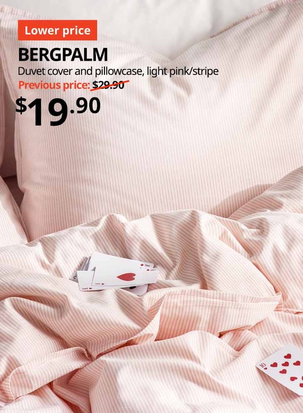 BERGPALM duvet cover and pillowcase, light stripe/pink. Price: $19.90. Previous price with slash: $29.90.