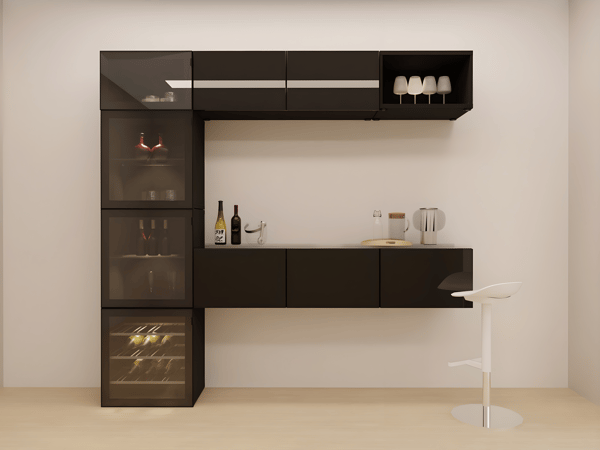 BESTÅ bar cabinet/glass doors, black-brown/Selsviken high-gloss