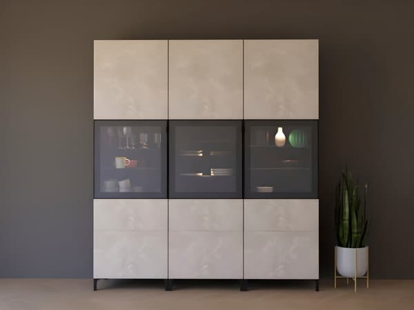 BESTÅ Storage combination with glass doors,Bergsviken/SINDVIK/black, beige
