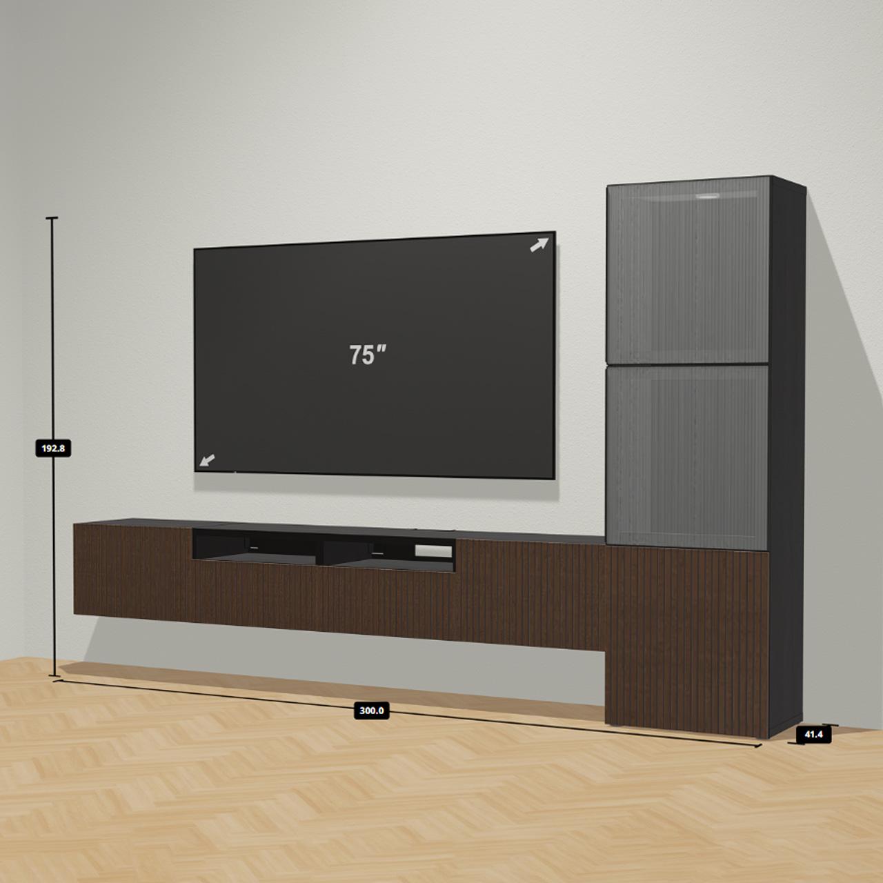 BESTÅ TV console bench with four door cabinets and a 3-door side display cabinet