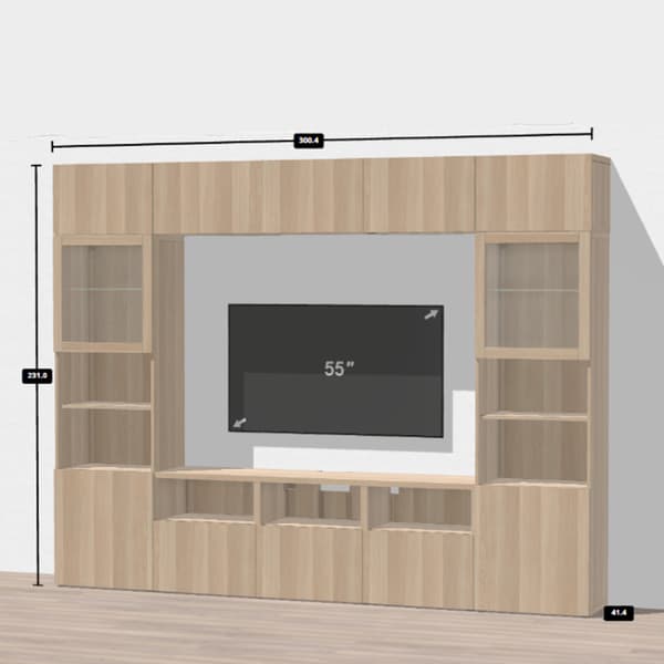 BESTÅ TV console with display in white stained oak effect.