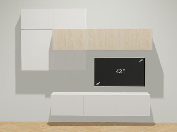 BESTÅ TV-Kombination mit Korpussen in weiß, LAPPVIKEN Türen in weiß, FÄNRIK Türen in Escheneffekt, SELSVIKEN Türen in hochglanz weiß. 240 x 41 x 196 cm