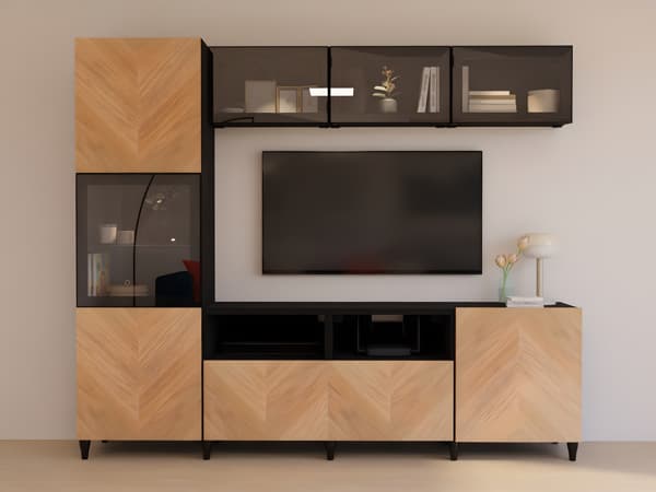 BESTÅ TV Storage combination with doors, Glassvik/ Hedeviken oak glass door