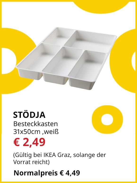 Besteckkasten Stödja, 31x50cm, weiß, statt € 4,49 um € 2,49.
