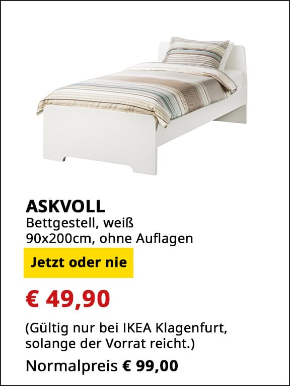 Bettgestell Askvoll, 90x200cm, weiß, ohne Auflagen, statt € 99 um € 59.