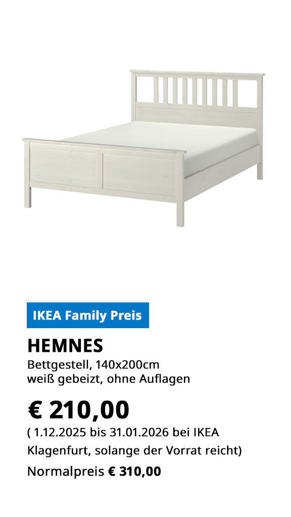 Bettgestell Hemnes, 140x200cm, in weiß gebeizt, satt um € 310 zum IKEA Family Preis von nur €210.