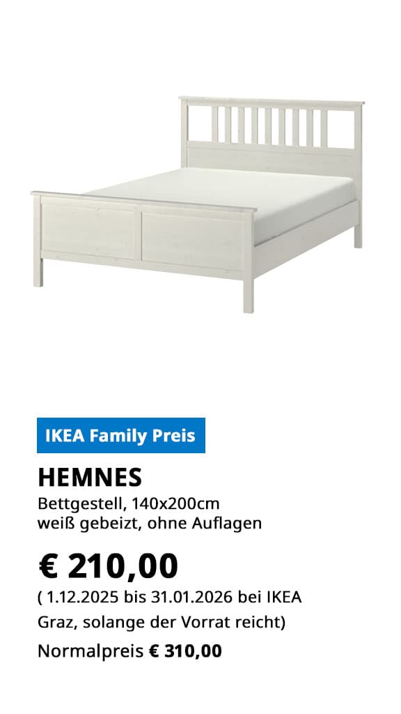 Bettgestell Hemnes, 140x200cm, in weiß gebeizt, satt um €310 zum IKEA Family Preis von nur €210.