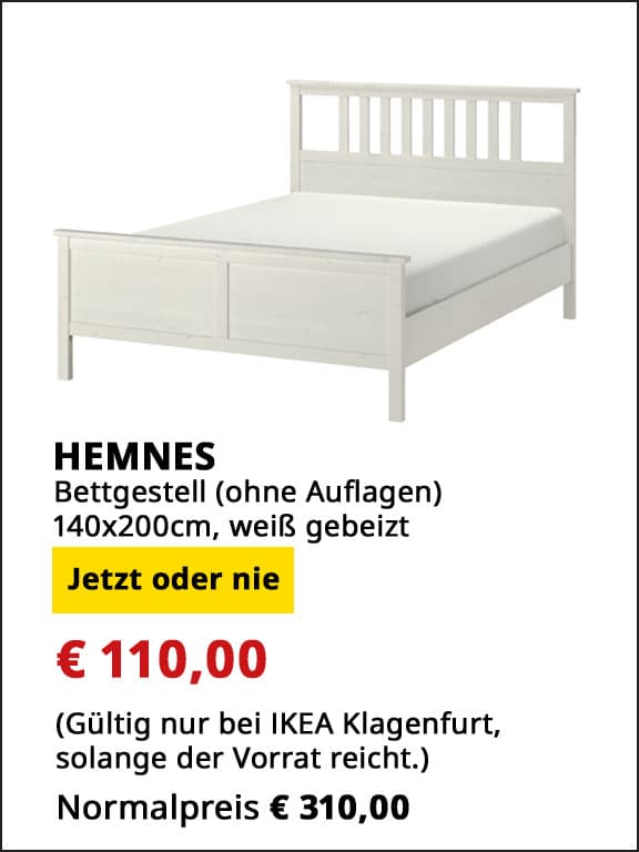  Bettgestell Hemnes, 140x200cm, weiß gebeizt, ohne Auflagen, statt € 310 um € 110.