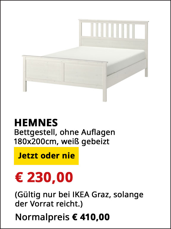 Bettgestell Hemnes, 180x200cm, weiß gebeizt, ohne Auflagen,statt € 410 um € 230.