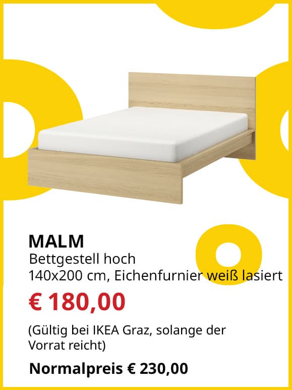 Bettgestell Malm, 140x200, Eichenfurnier/ weiß lasiert, statt € 230 um € 180.