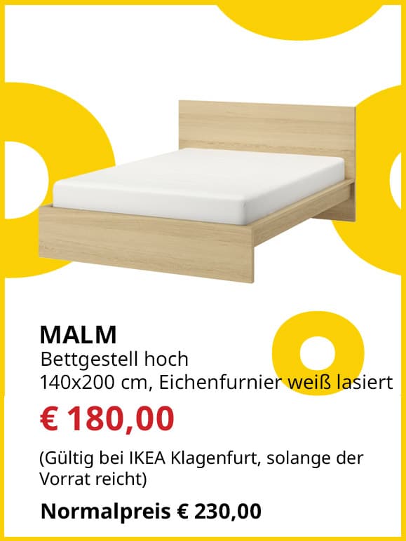 Bettgestell Malm, 140x200, Eichenfurnier/ weiß lasiert, statt € 230 um € 180.