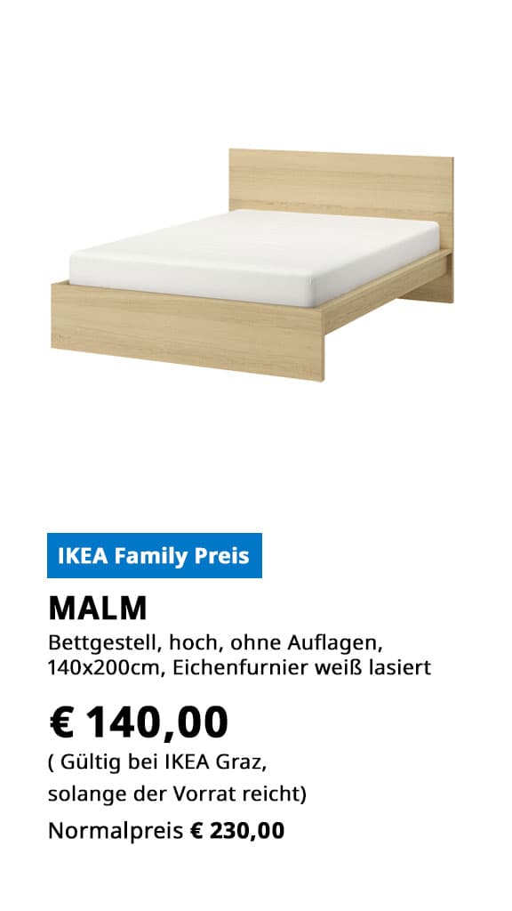 Bettgestell Malm, hoch, 140x200m, Eichenfurnier weiß lasiert, ohne Auflagen, statt € 230 zum IKEA Family Preis von € 140.