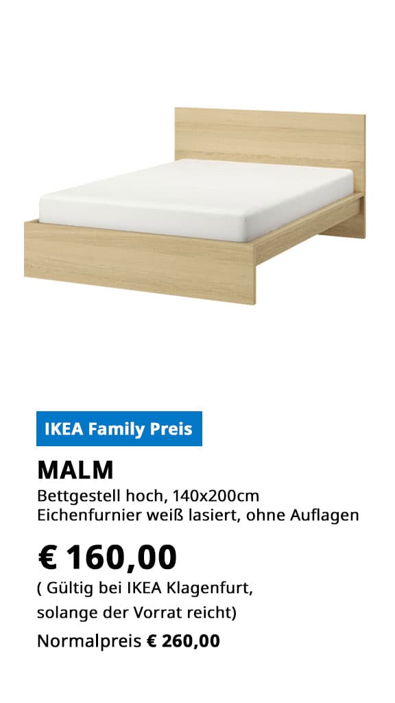   Bettgestell Malm, hoch,  160x200cm, Eichenfurnier weiß lasiert, ohne Auflagen, statt € 260 um € 160.