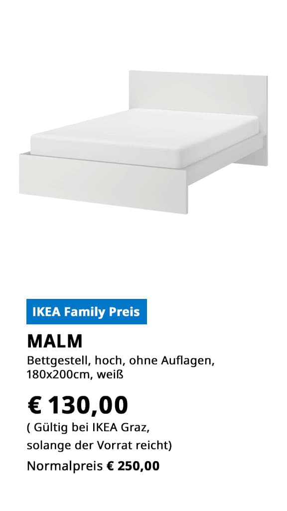 Bettgestell Malm, hoch, 180x200m,  weiß, ohne Auflagen, statt € 250 zum IKEA Family Preis von € 130.