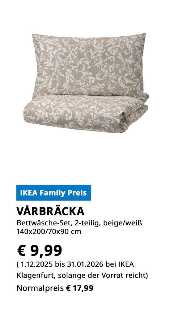 Bettwäsche-Set Vårbräcka, 2 teilig, 140x200cm / 70x90cm, in beige weiß, statt € 17,99 zum IKEA Family Preis von € 9,99.