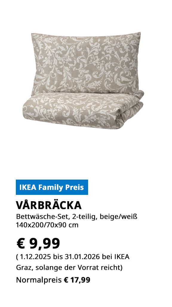 Bettwäsche-Set Vårbräcka, 2 teilig, 140x200cm / 70x90cm, in beige weiß, statt € 17,99 zum IKEA Family Preis von € 9,99.
