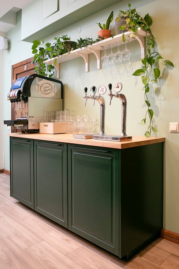 Beverage dispenser and beer taps on a green counter with glassware and plants in a café.