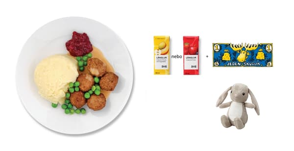 Bezmasé kuličky
5 ks, hrášek, smetanová omáčka, příloha, brusinky, ovocné smoothie LÅNGLUR, plyšová hračka DVÄRGHARE - zajíček