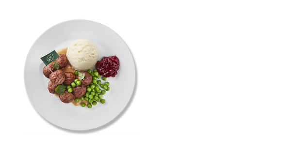 Bezmasé kuličky 8 ks zelený hrášek, smetanová omáčka, bramborová kaše, brusinky