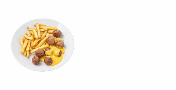 Bezmasé kuličky, hranolky, chedarová omáčky
